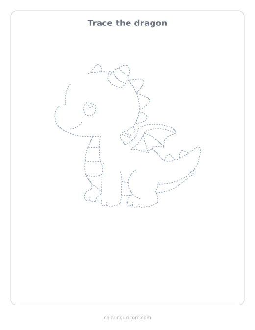 Printable dragon tracing page, dashed outline to trace with a pencil