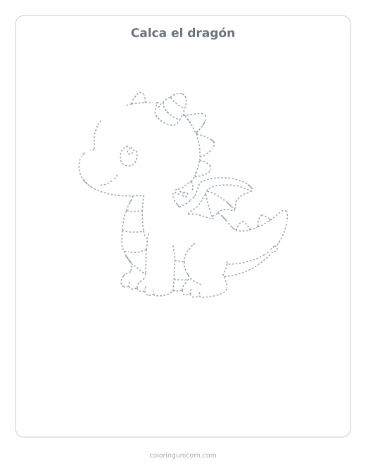 Ficha para calcar el dragón, dibujo en línea de puntos para repasar con lápiz