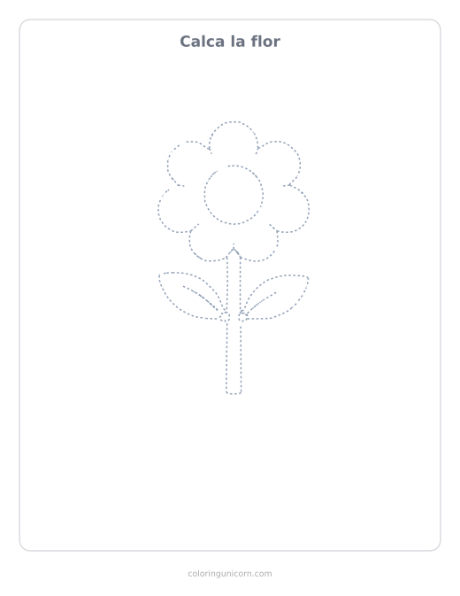 Ficha para calcar la flor, dibujo en línea de puntos para repasar con lápiz