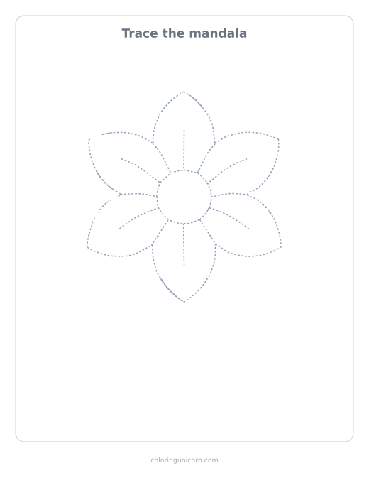 Printable mandala tracing page, dashed outline to trace with a pencil