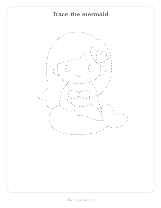 Printable mermaid tracing page, dashed outline to trace with a pencil