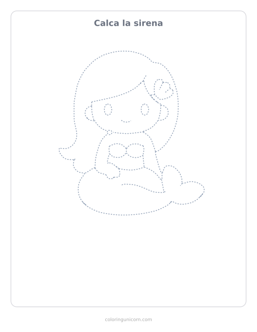 Ficha para calcar la sirena, dibujo en línea de puntos para repasar con lápiz