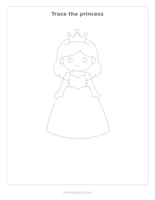 Printable princess tracing page, dashed outline to trace with a pencil