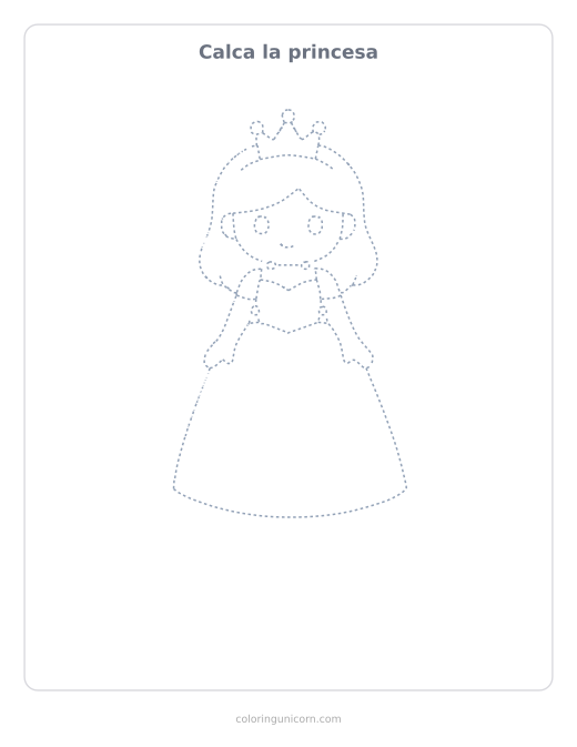 Ficha para calcar la princesa, dibujo en línea de puntos para repasar con lápiz