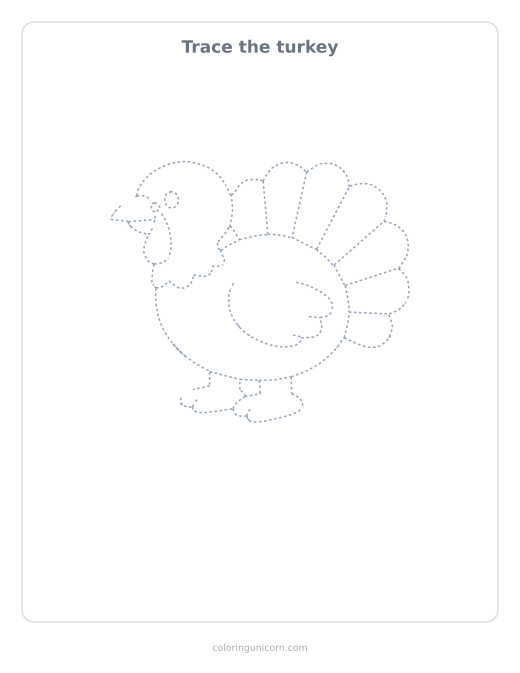 Printable turkey tracing page, dashed outline to trace with a pencil