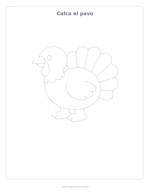 Ficha para calcar el pavo, dibujo en línea de puntos para repasar con lápiz