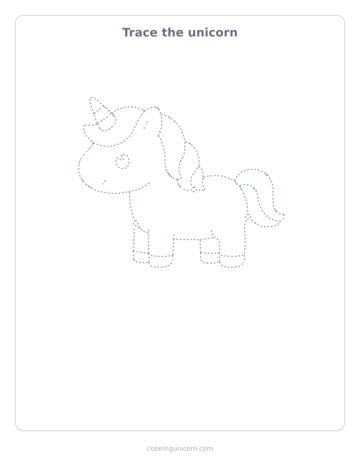 Printable unicorn tracing page, dashed outline to trace with a pencil