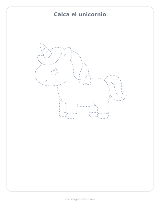 Ficha para calcar el unicornio, dibujo en línea de puntos para repasar con lápiz